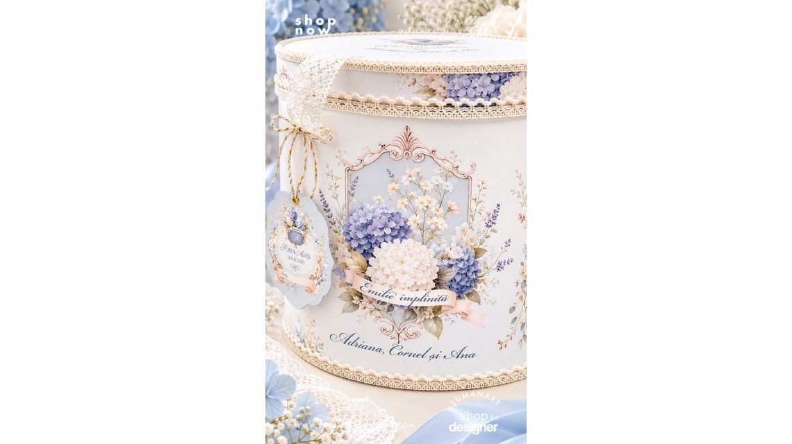 Trusou Botez Băiat Blue Hydrangea Hortensii Bleu și Monogramă Regală 5